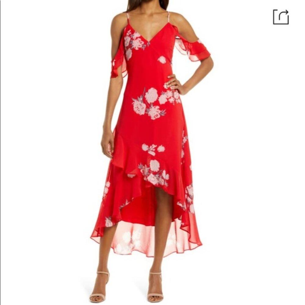 Lulus Love in Bloom Red Floral Print Off-the-Shoulder High-Low Dress Size Small